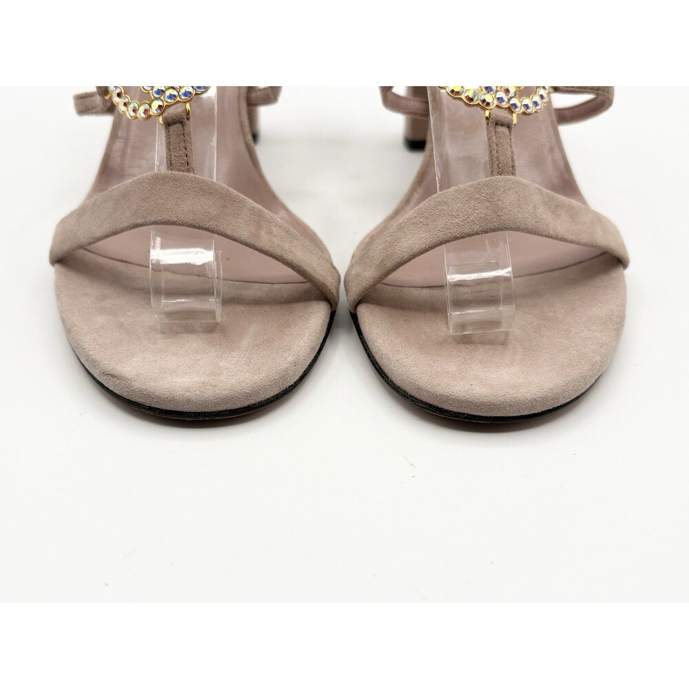 Gucci Nude Pink Suede Block Heels Sandals Rhinestone GG Logo T Strap EU 37.5 - Picture 5 of 11